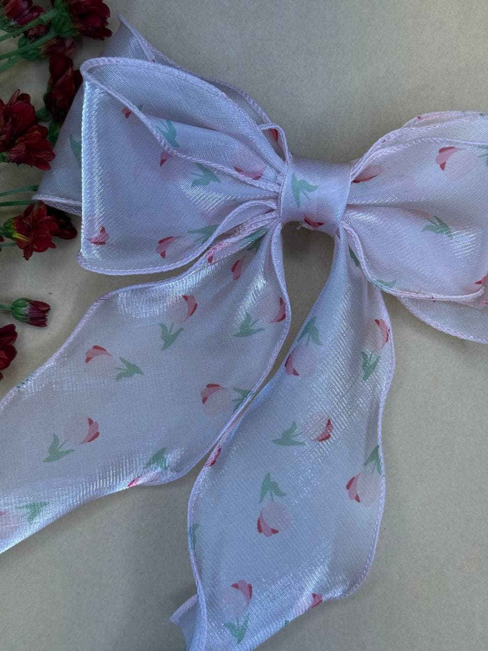 گیره فرانسوی حریر با طرح گل لاله