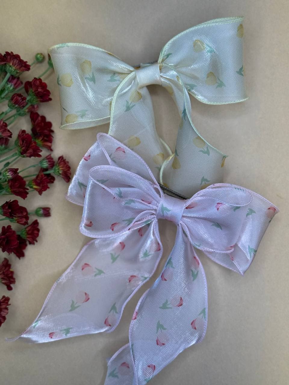 گیره فرانسوی حریر با طرح گل لاله
